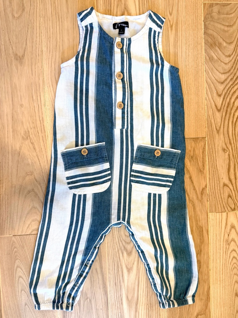 art class Blue and White Striped Sleeveless Romper
